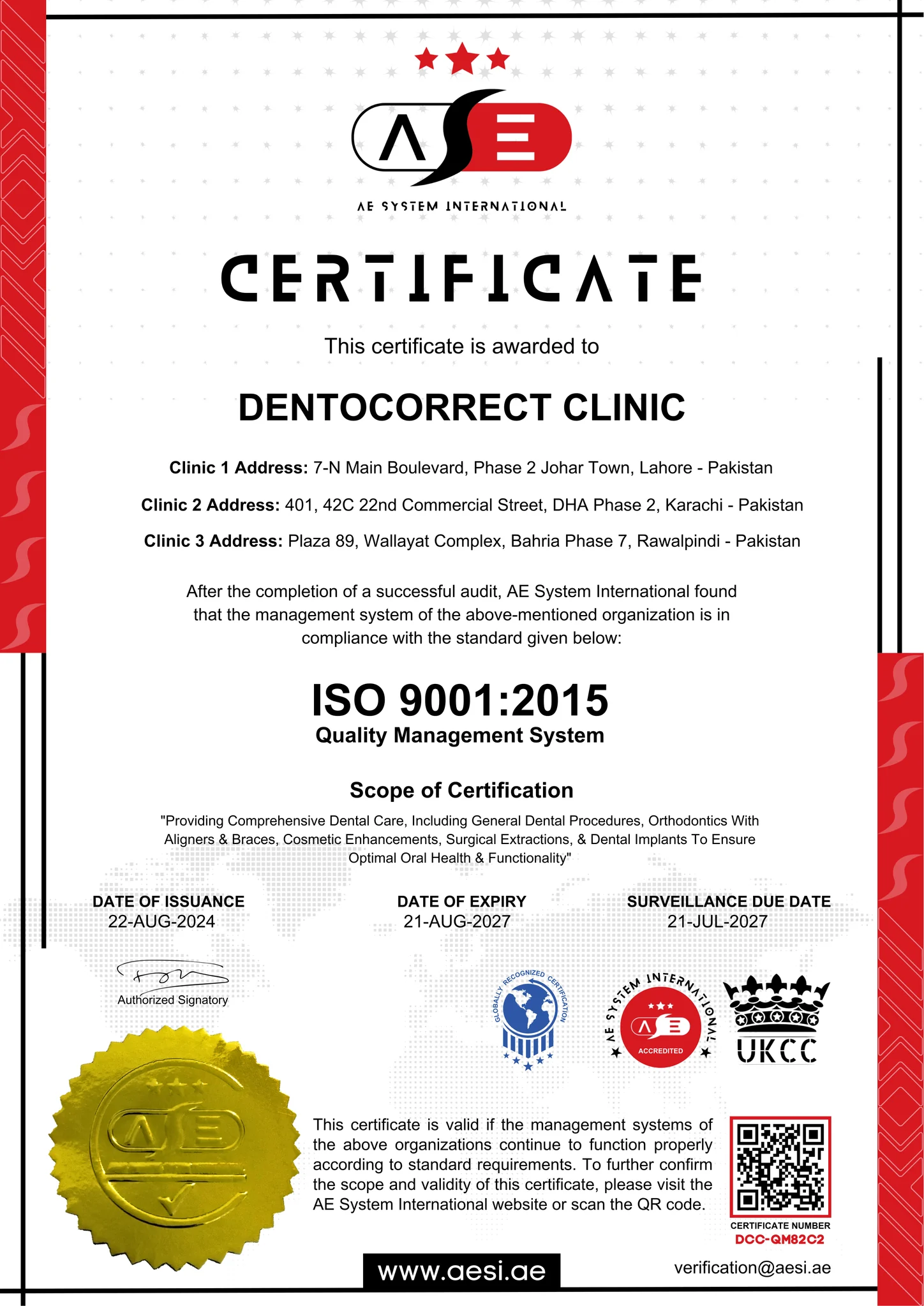 DentoCorrect ISO 9001:2015 certificate