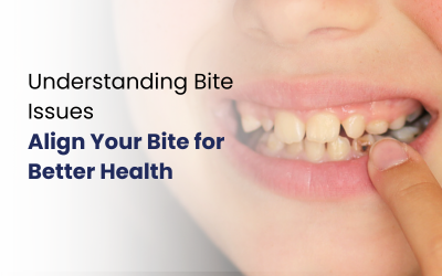 A girl defining the bite issue by placing a finger on teeths.